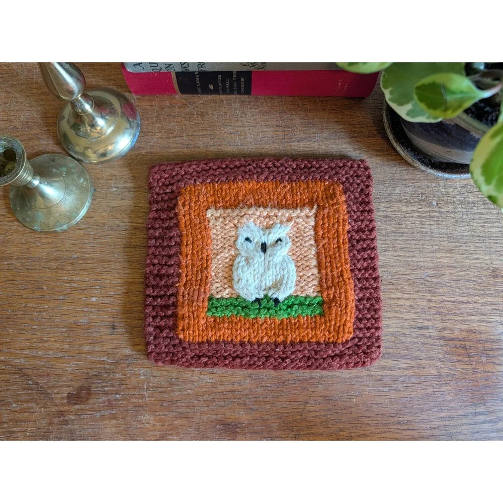 Vintage Handmade Knit Owl Potholder Trivet Rust Orange White Woodland Folk Art